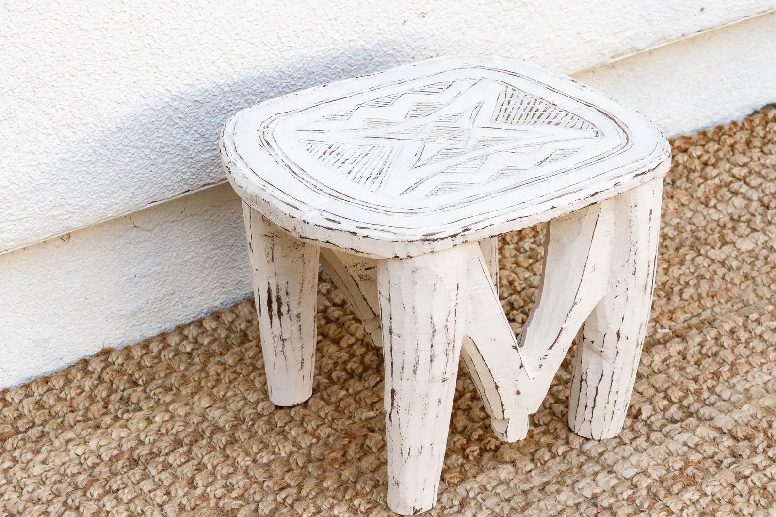 Tribal White African Wood Stool - 4