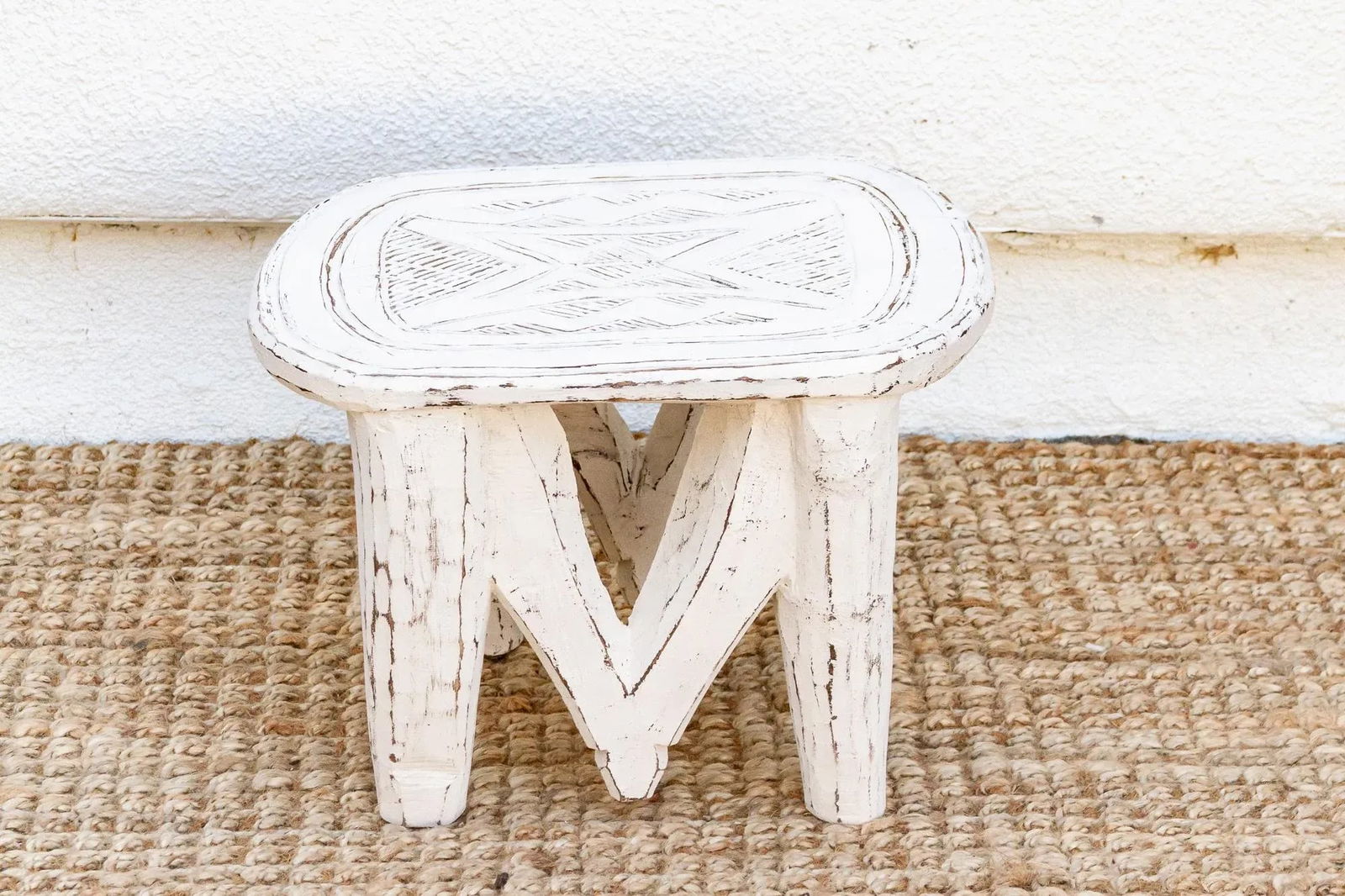 Tribal White African Wood Stool - 5