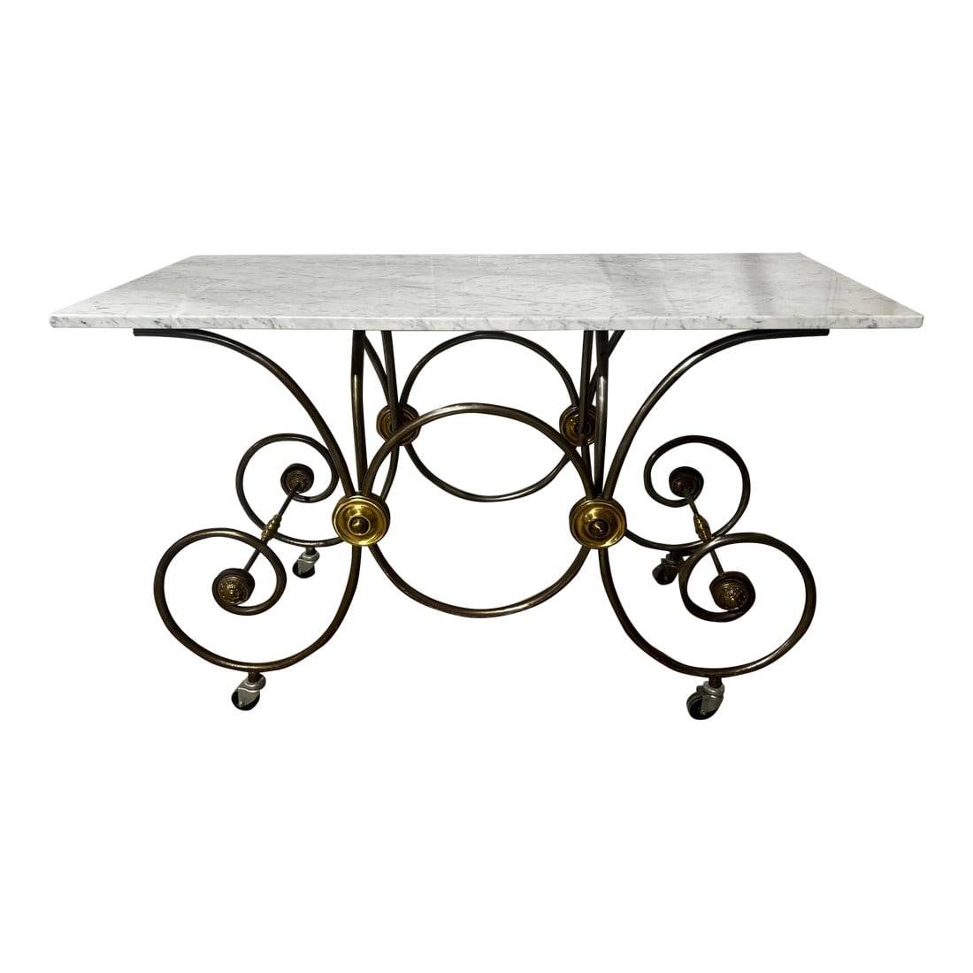 Mid-Century Reproduction French Patisserie Marble Top Table: Please let us know if you have any questions on shipping. We might be able to help. This mid-century Reproduction French Patisserie table, crafted from steel and brass, boasts a rectangular white