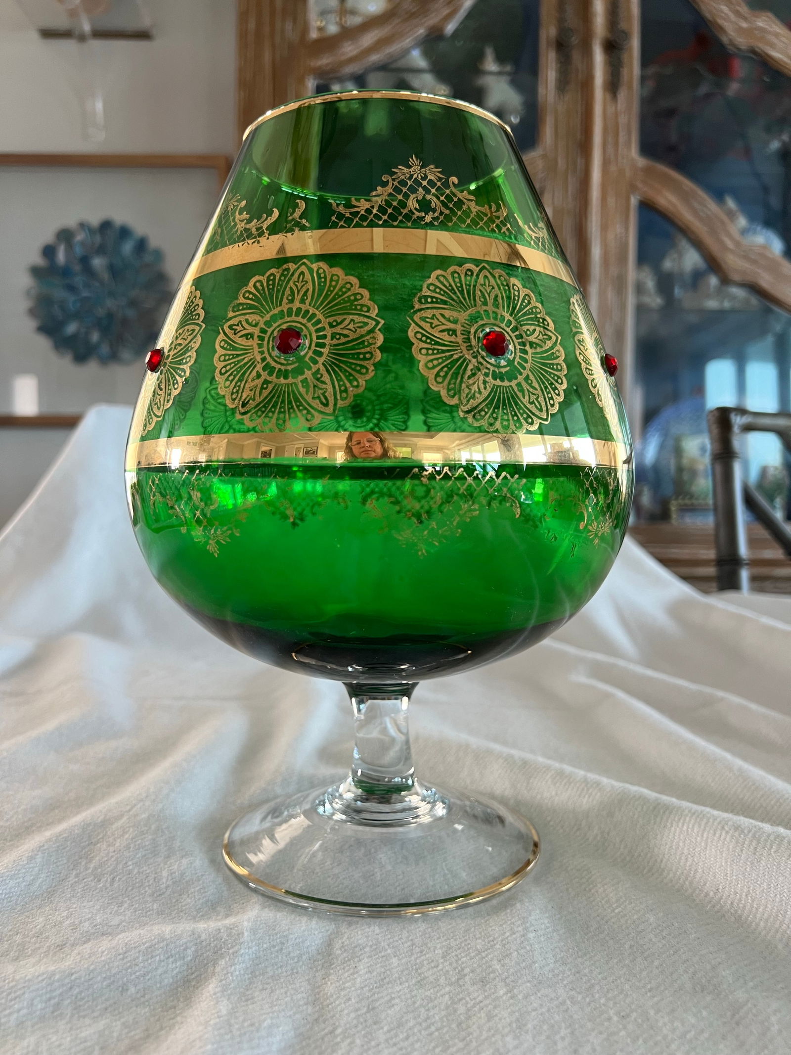 Giant Vintage Italian Green and Gold Murano Crystal Punch Bowl Brandy Sniftner - 10