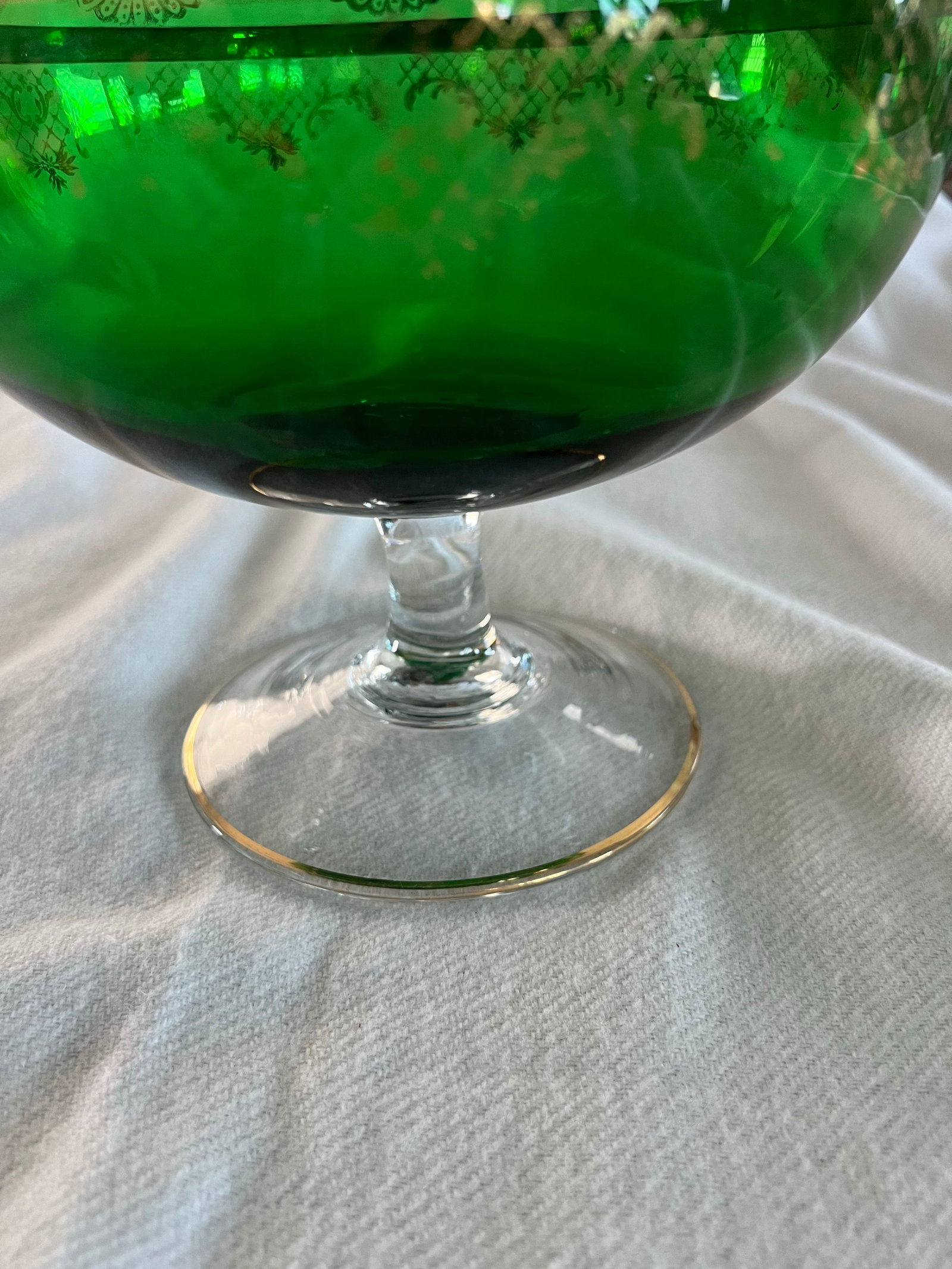 Giant Vintage Italian Green and Gold Murano Crystal Punch Bowl Brandy Sniftner - 11
