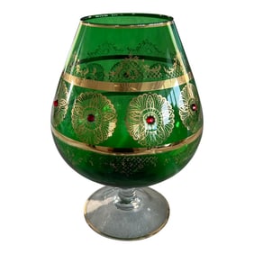 Giant Vintage Italian Green and Gold Murano Crystal Punch Bowl Brandy Sniftner