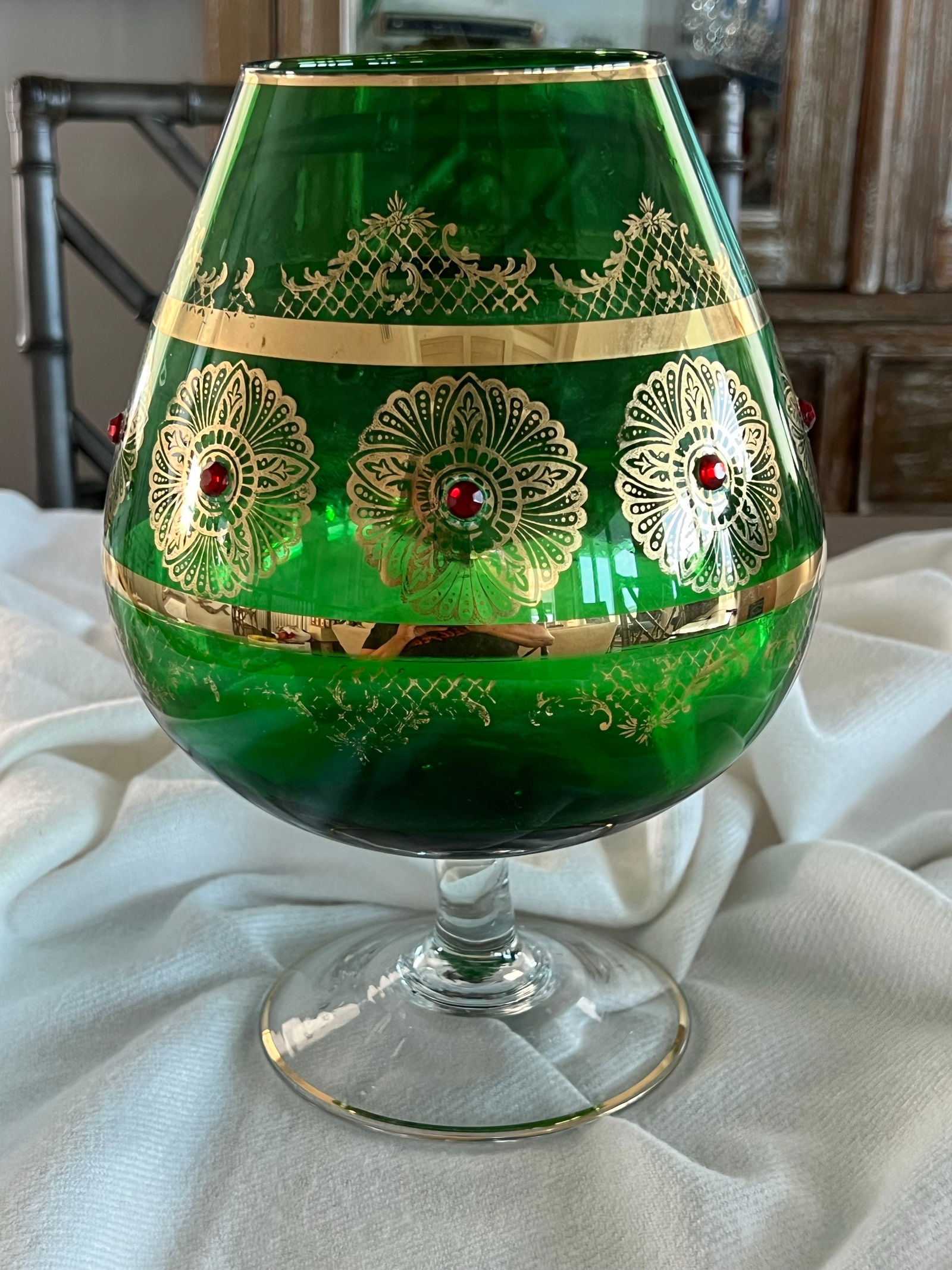 Giant Vintage Italian Green and Gold Murano Crystal Punch Bowl Brandy Sniftner - 2