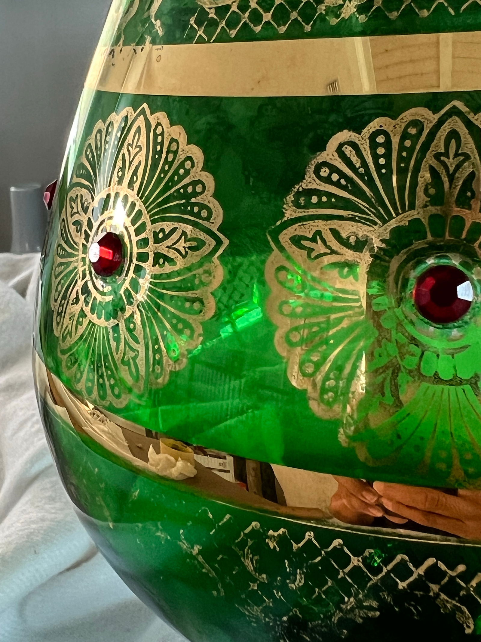 Giant Vintage Italian Green and Gold Murano Crystal Punch Bowl Brandy Sniftner - 4