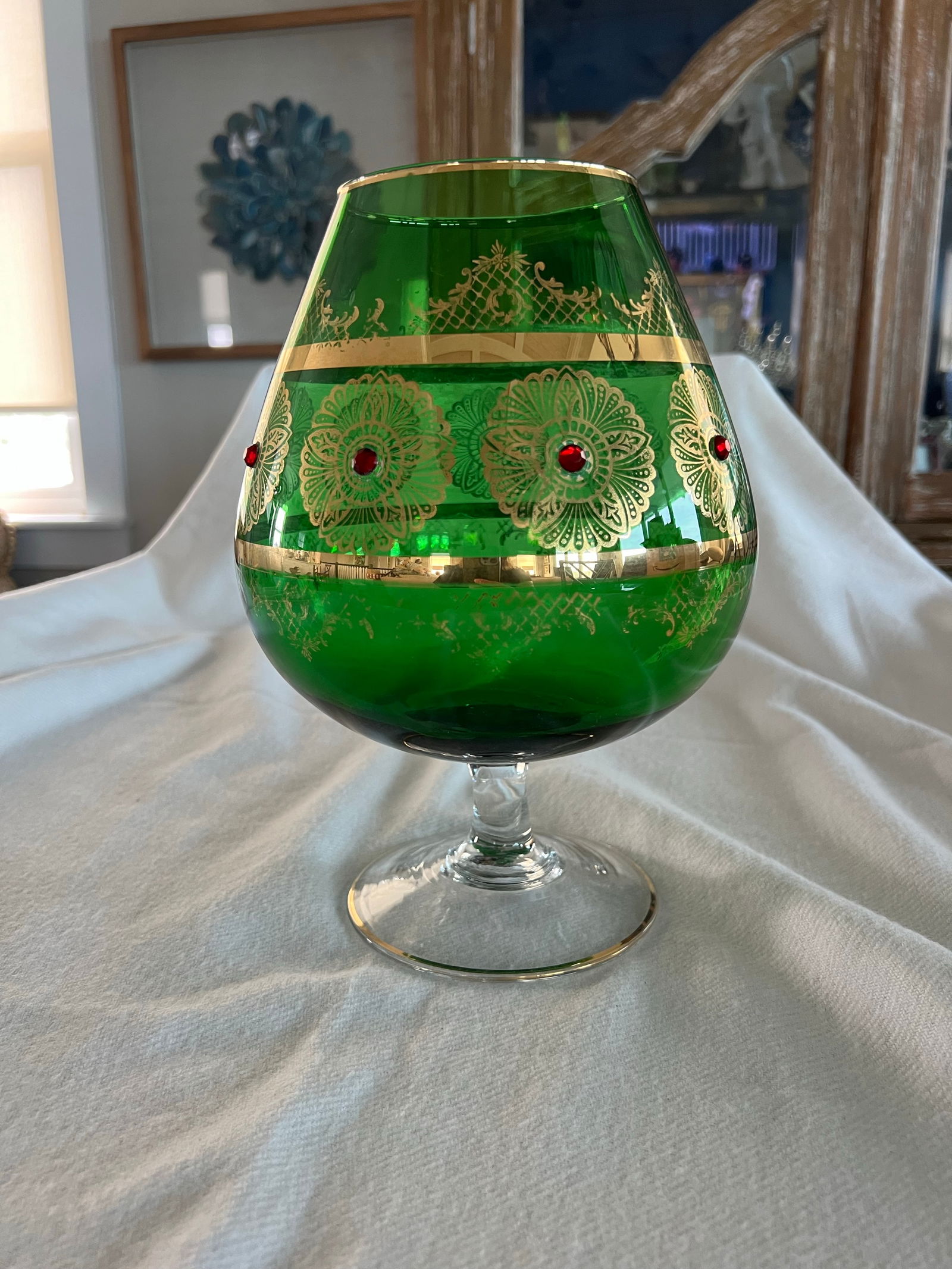Giant Vintage Italian Green and Gold Murano Crystal Punch Bowl Brandy Sniftner - 5