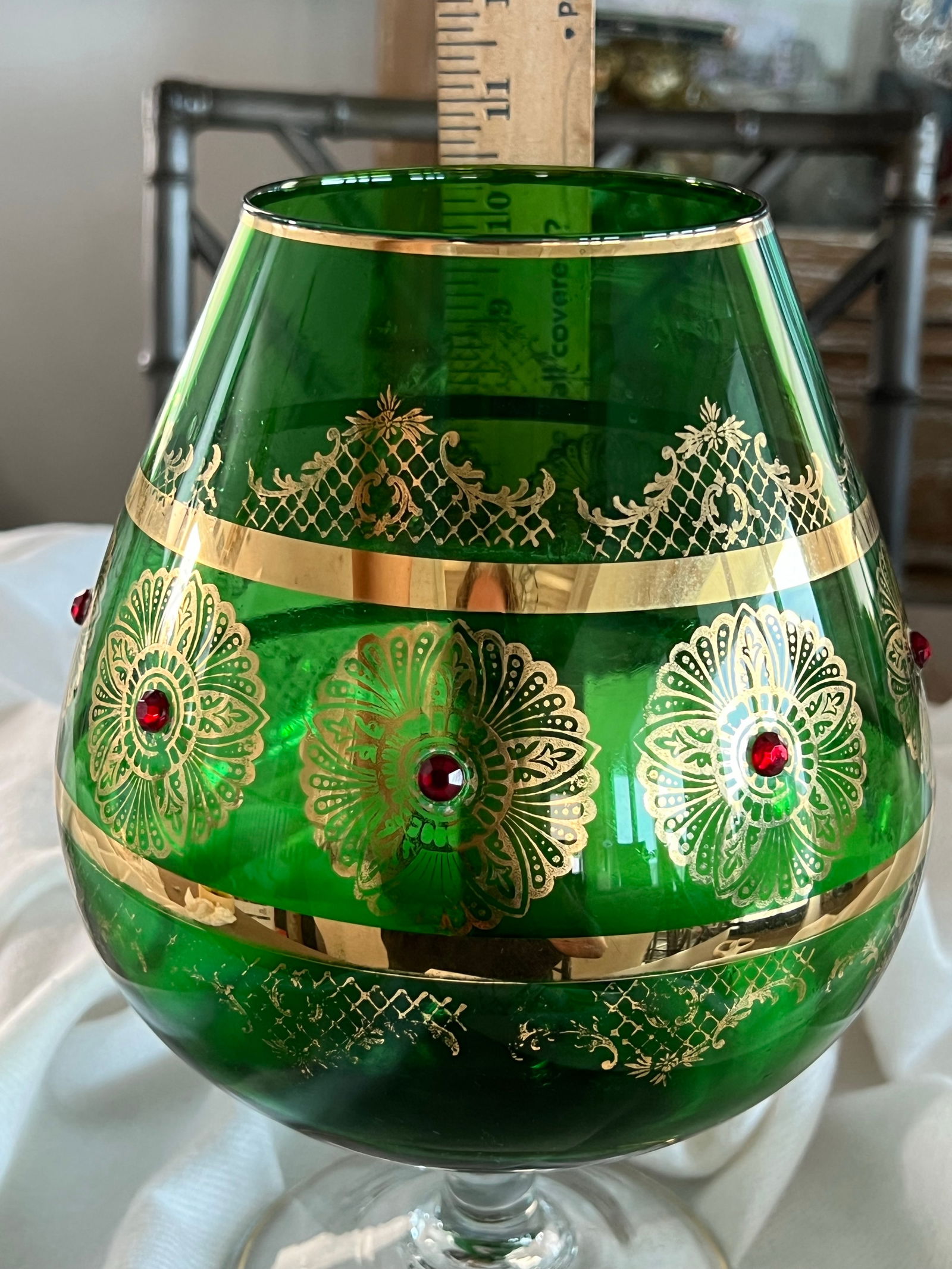 Giant Vintage Italian Green and Gold Murano Crystal Punch Bowl Brandy Sniftner - 6