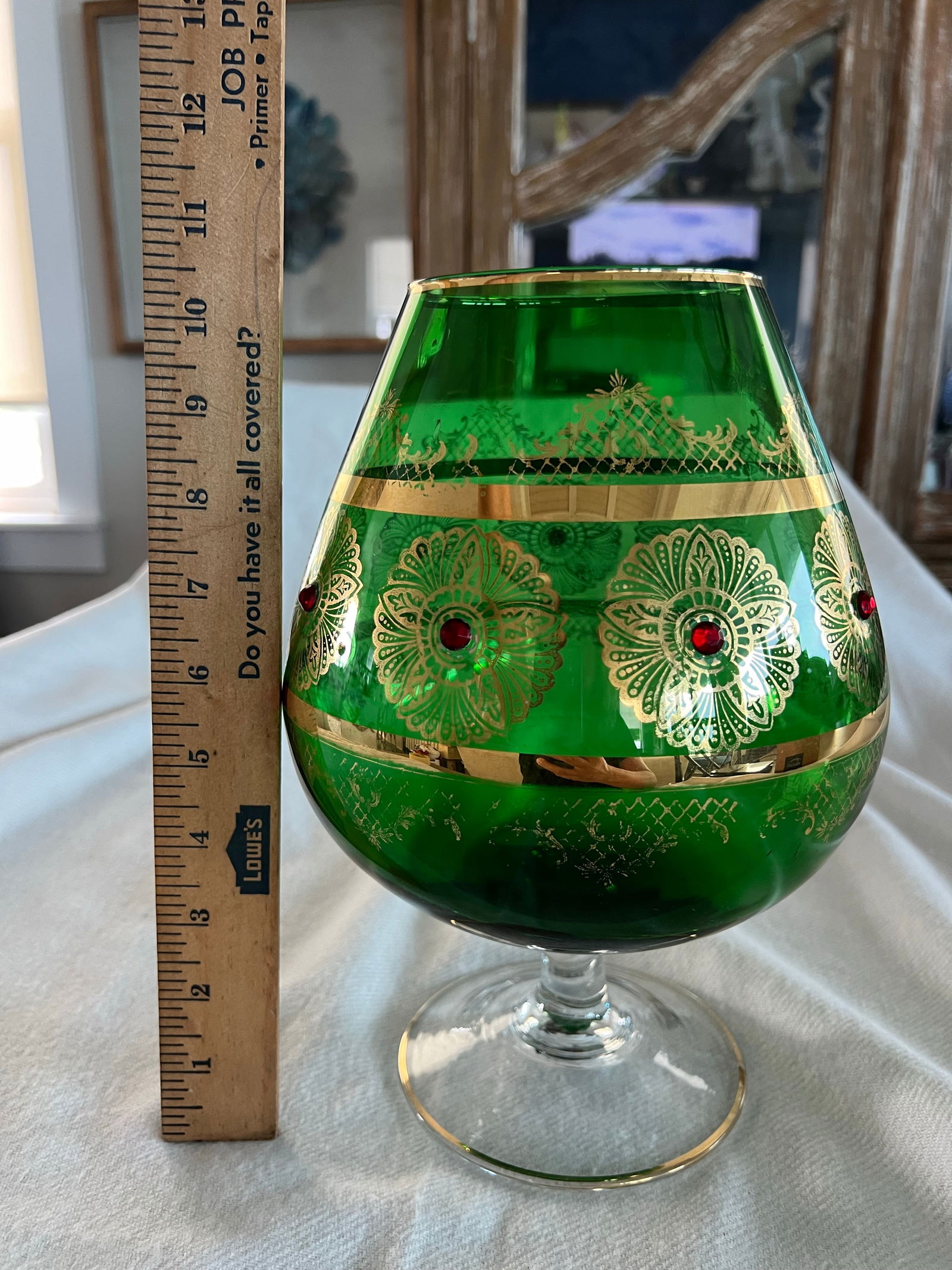 Giant Vintage Italian Green and Gold Murano Crystal Punch Bowl Brandy Sniftner - 7