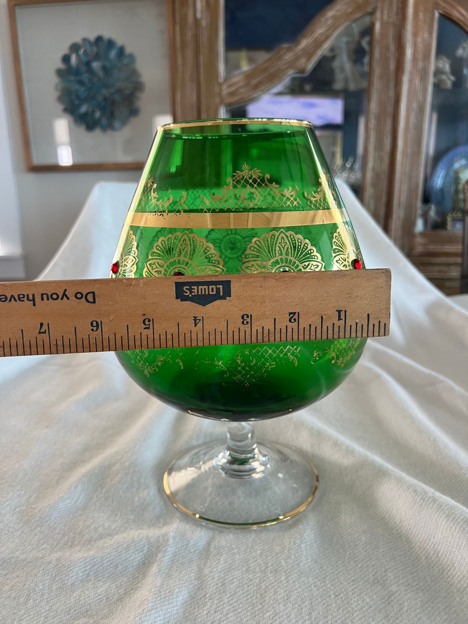 Giant Vintage Italian Green and Gold Murano Crystal Punch Bowl Brandy Sniftner - 8