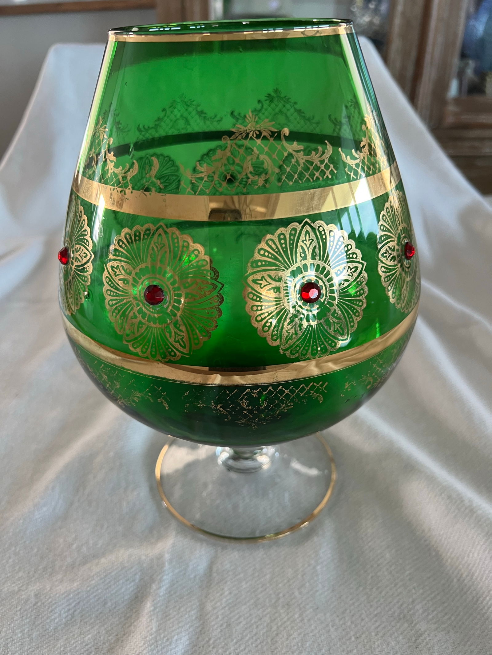 Giant Vintage Italian Green and Gold Murano Crystal Punch Bowl Brandy Sniftner - 9