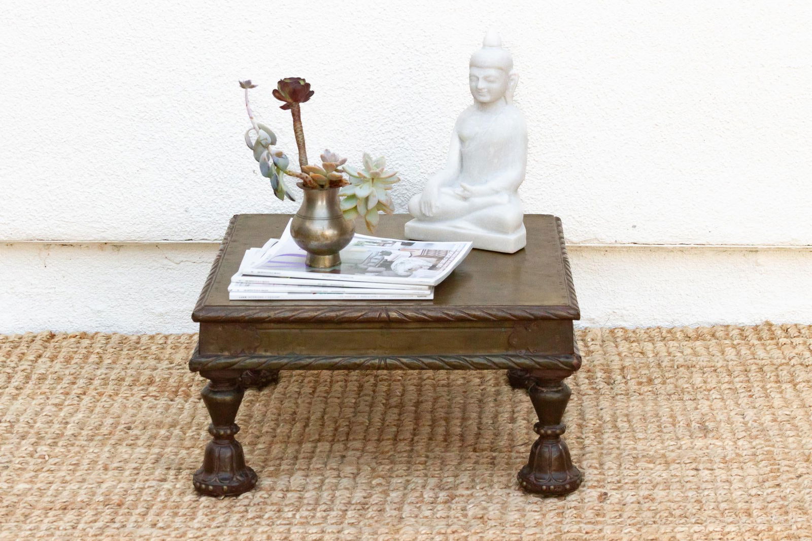 Antique Brass Laminate Bajot Table With Carved Legs - 10