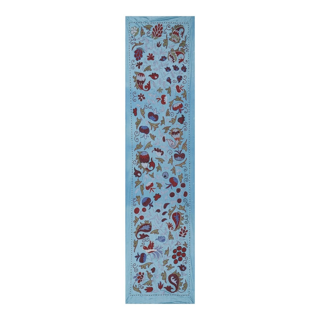 Blue Suzani Wall Tapestry - Floral Wall Decor 1'7'' X 6'2'': Artisan Blue Suzani Wall Tapestry - Handmade Floral Embroidery for Elegant and Artistic Decoration Dimension; 21" x 75" inches / 53 x 190 Cm / 1'7'' x 6'2'' Finely embroidered silk on silk.