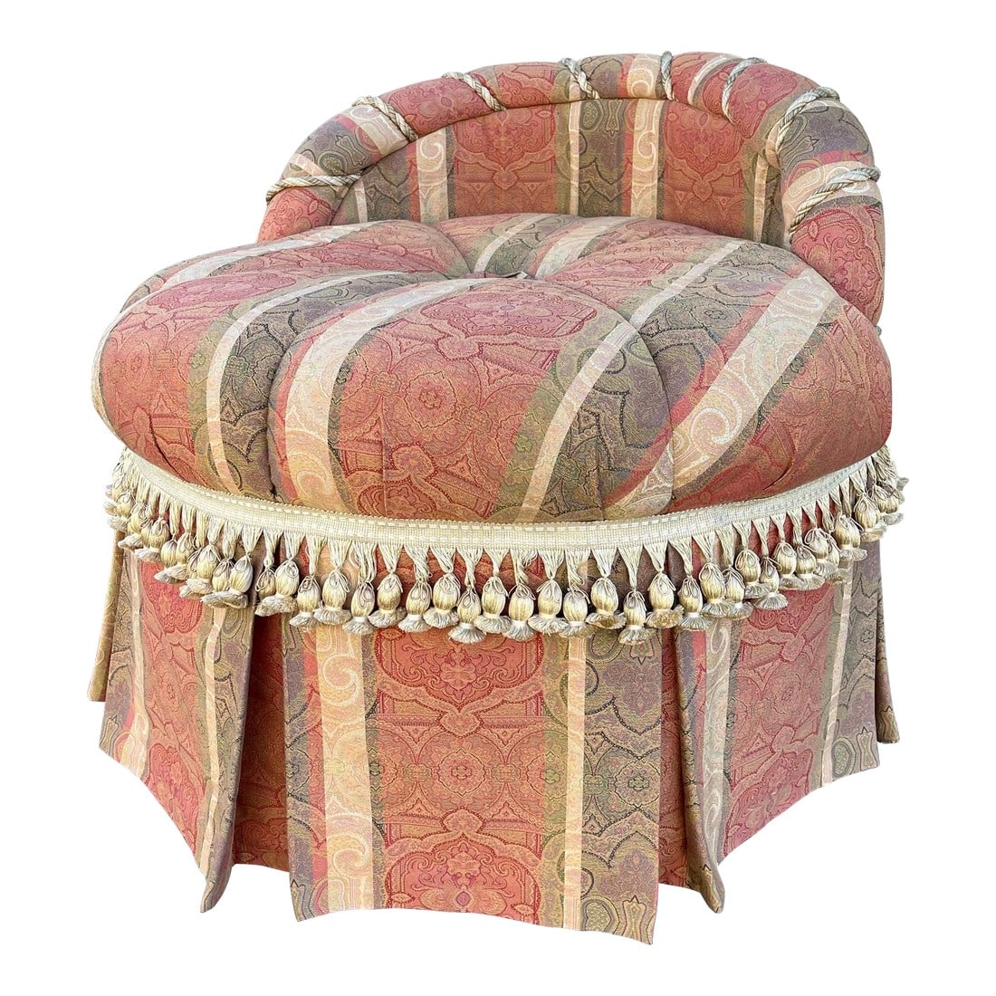 Vintage French Bedroom Chair or Changing Pouf With Pleated Skirt: A beautiful take on a French style tub chair. Early 20th century striped upholstery covers this changing pouf or bedroom chair, complete with hand tied tassels above a complete pleated skirt. The over