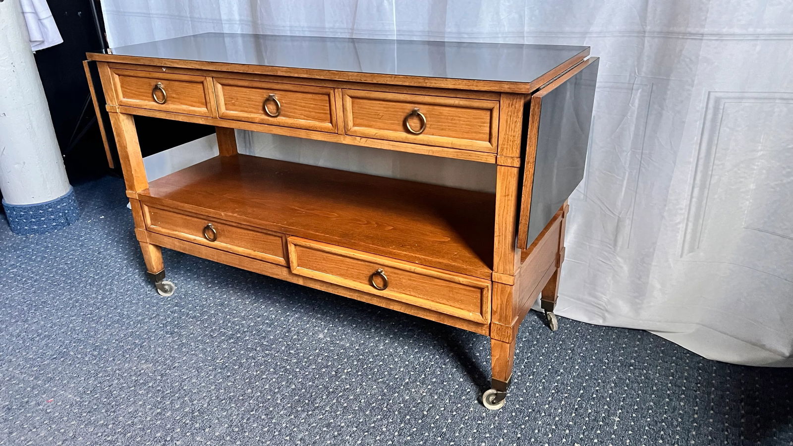 1960s Baker Milling Road Walnut Hollywood Regency Server Rolling Bar Cart Table - 4