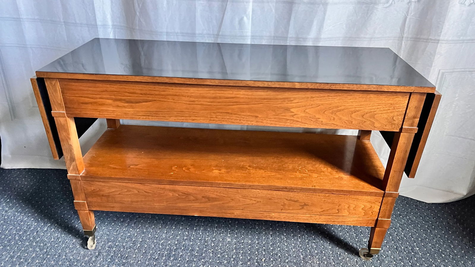 1960s Baker Milling Road Walnut Hollywood Regency Server Rolling Bar Cart Table - 7