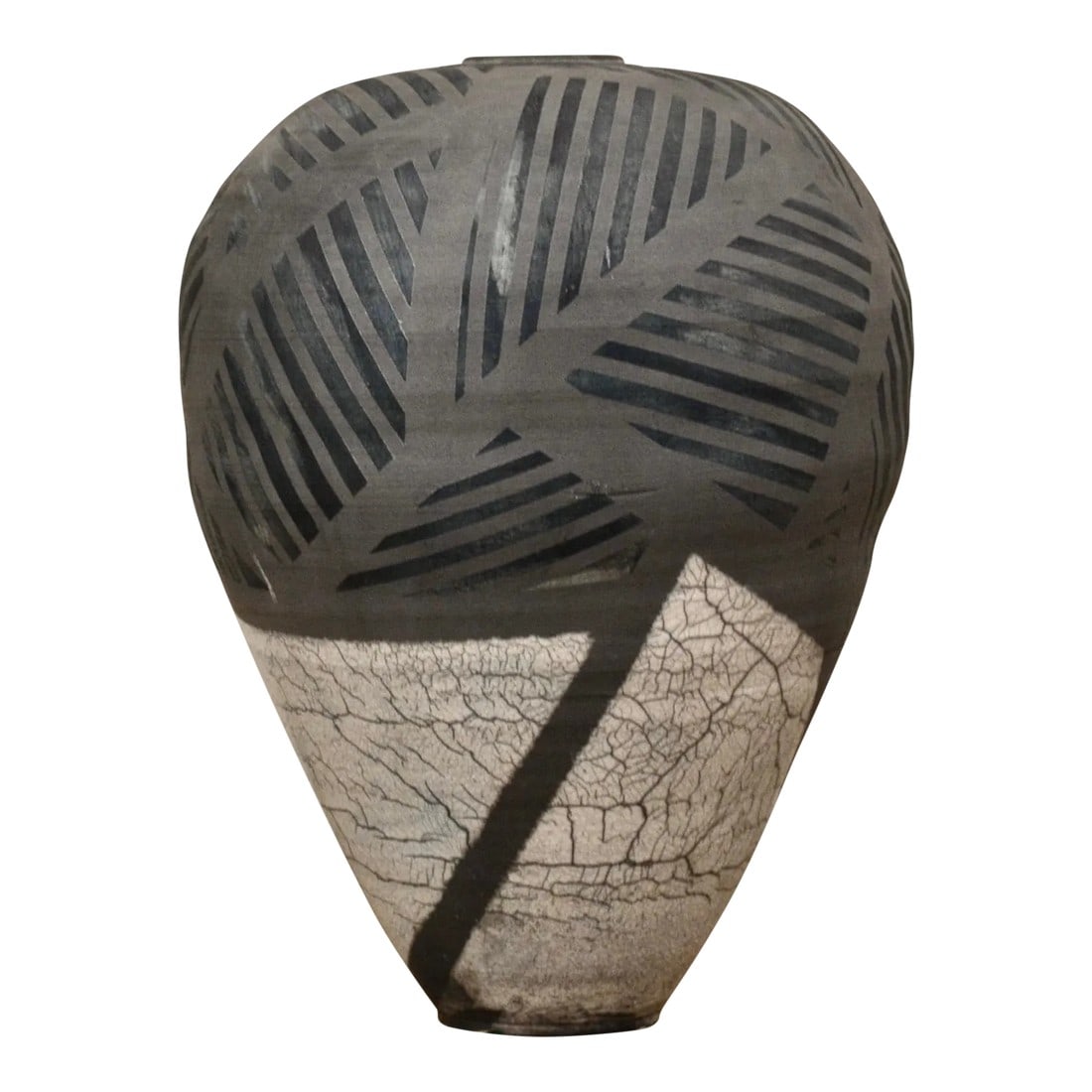 Large Mid 20th Century Raku Pottery Vase: Large modernist raku pottery vase by Jeff Reich. Lovely modern green design over charcoal base glaze with raku areas. 11"W x 15.5"H Condition: Alterations: Original Condition Unaltered