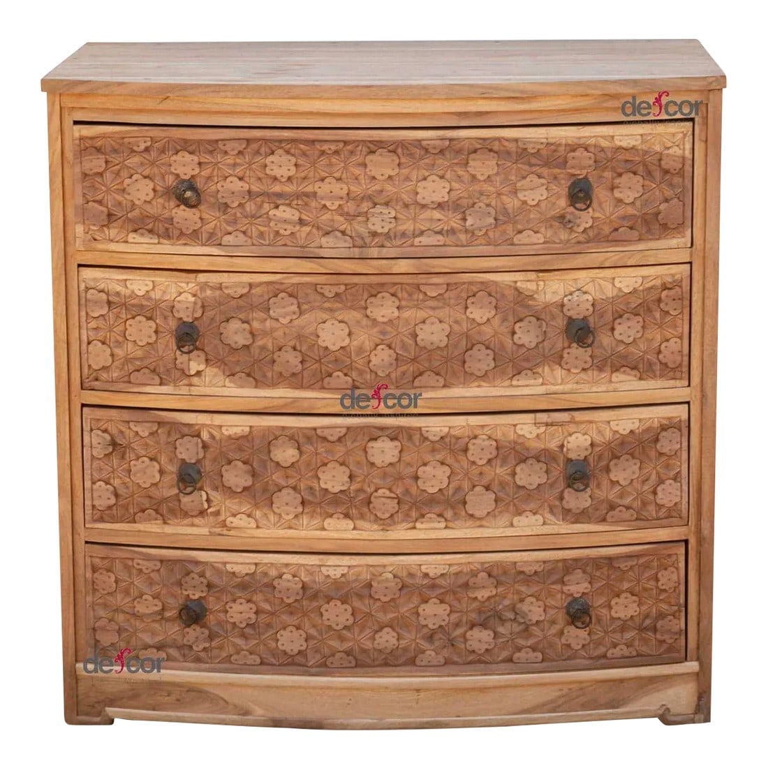 Bow Front Finely Carved Teak Dresser: This intricately carved dresser is a testament to both heritage and modern design. handcrafted by De-Cor from reclaimed Burmese teak, it offers a sustainable statement piece for your home. Boasting