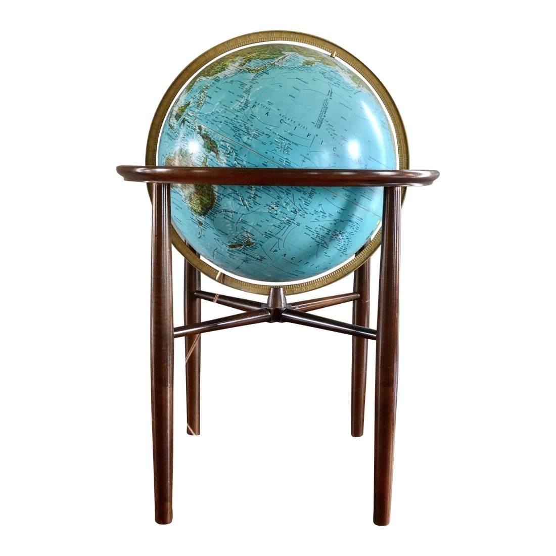 Mid Century Replogle Illuminated Globe on Wood Floor Stand: Great mid century "Blue Austin Ocean" illuminated globe by Replogle on heirloom wood base. Design after Edward Wormley. Professionally rewired with brown fabric cord and inline dimmer control. 