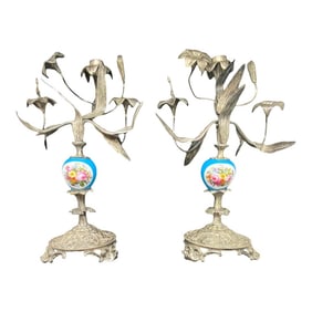 Antique Pair French Silver Sevres Porcelain With Vibrant Floral Design Candelabras Candlesticks