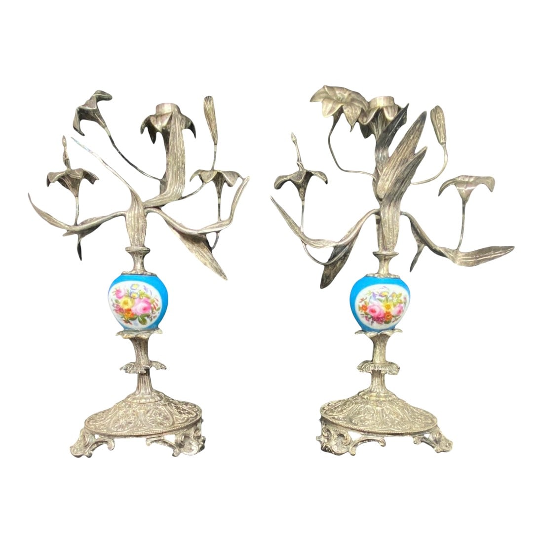 Antique Pair French Silver Sevres Porcelain With Vibrant Floral Design Candelabras Candlesticks: A Beautiful Stylish and Stunning Pair of French One Light Table or Mantle Silver Sevres Porcelain Mounted Candelabra of outstanding quality. They date to mid to late Nineteenth Century. Each has