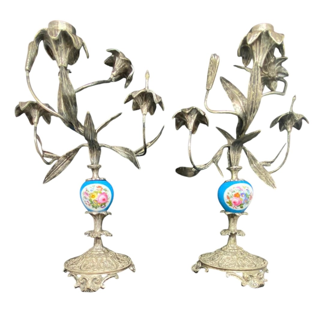 Antique Pair French Silver Sevres Porcelain With Vibrant Floral Design Candelabras Candlesticks - 3