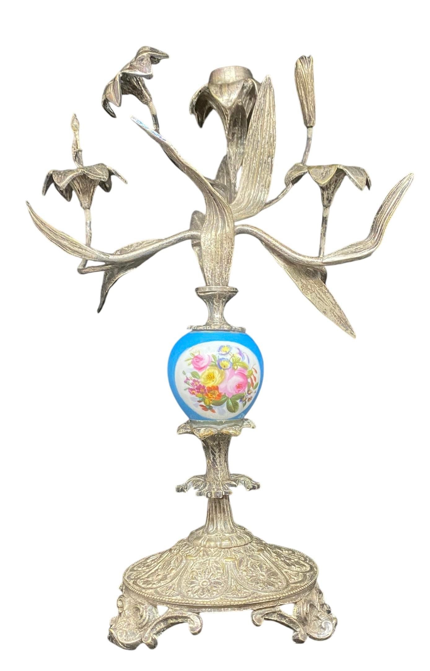 Antique Pair French Silver Sevres Porcelain With Vibrant Floral Design Candelabras Candlesticks - 5