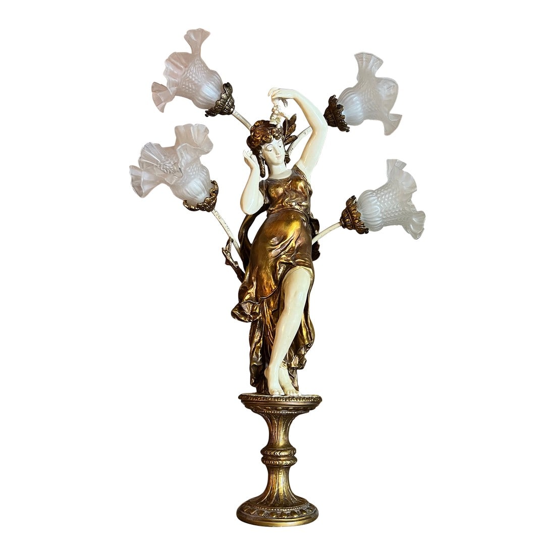 Vintage Spelter Female Figure Lamp With 4 Glass Ruffled Shades: This vintage lamp is a perfect addition for collectors of period styles and antique lamps. The glass shades are rippled flower/bell-shaped. The lamp is heavy Spelter of a Female Figural having 4