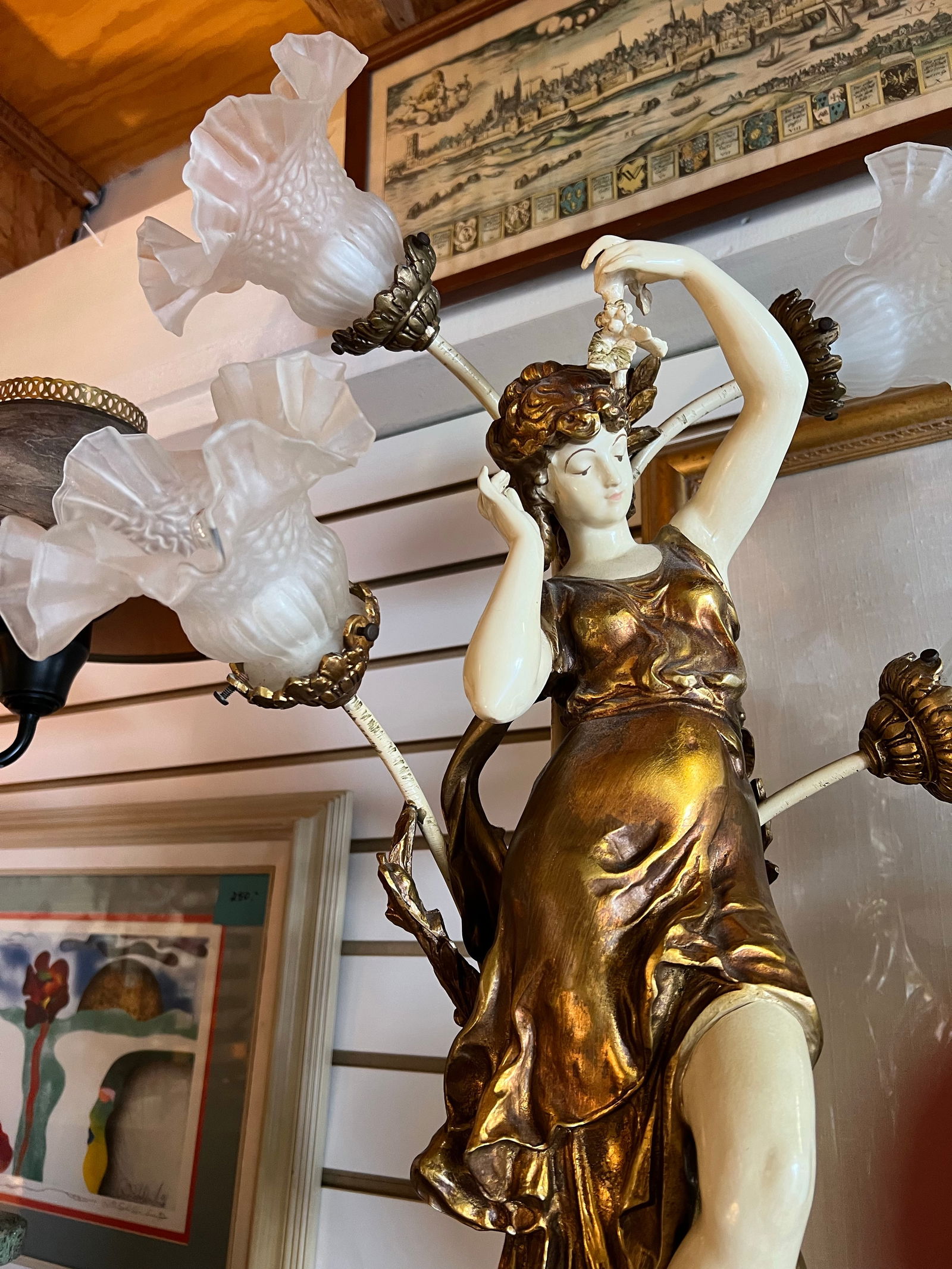 Vintage Spelter Female Figure Lamp With 4 Glass Ruffled Shades - 6