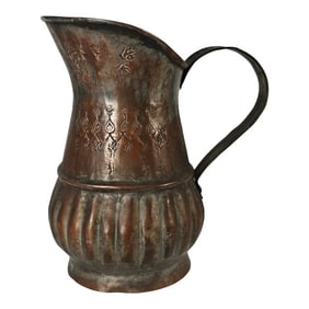 Egyptian Hand Hammered Copper Pitcher Tinned Stamped Patina 8"
