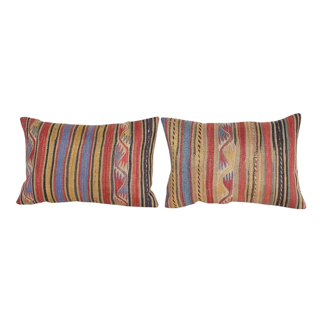 Striped Turkish Kilim Pillow - a Pair: Striped Turkish Kilim Pillow - A Pair Elevate your home decor with these exquisite 16" x 24" pillow covers crafted from authentic vintage Turkish rugs, handwoven in the 1960s. The rich and vibrant