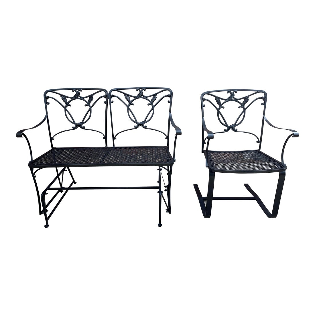 Wrought Iron Glider Bench & Cantilever Chair - Set of 2: An excellent set of outdoor garden or patio seating. Consisting of a gliding bench and cantilever, or "bounce" chair, this set has been newly repainted to restore its original black luster and