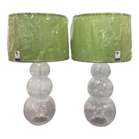 Mid-Century Modern Murano Attributed Bubble Glass Gourd Table Lamps With Green Silk Drum Shades - a