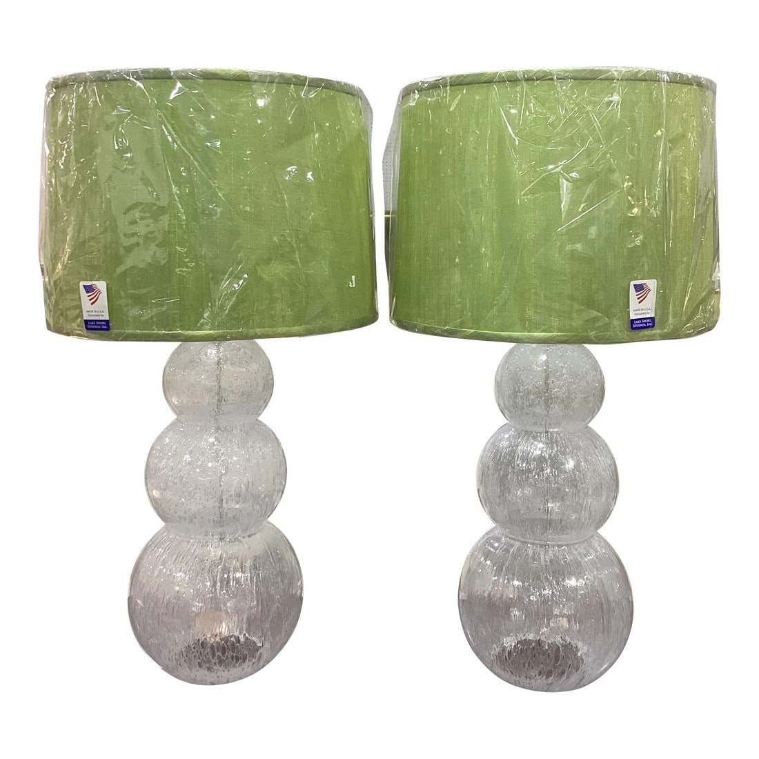 Mid-Century Modern Murano Attributed Bubble Glass Gourd Table Lamps With Green Silk Drum Shades - a: 1950s large scale Mid-Century Modern smoked Murano Attributed glass table lamps in a sphere shape. They are marked made in Italy and we're purchased at auction as vintage Murano Lamps The bottoms of