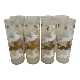 1950's Libbey "Cavalcade" Gold and White Frosted Highballs or Collins Glasses - a Set of 8