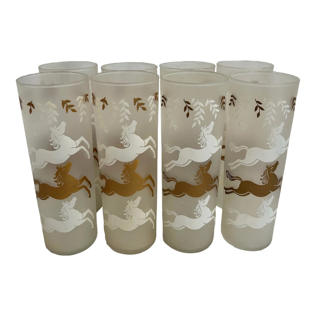 1950's Libbey "Cavalcade" Gold and White Frosted Highballs or Collins Glasses - a Set of 8: Vintage glassware at its best! This set of 8 highball or Collins glasses are the "Cavalcade" pattern from Libbey. The frosted glasses feature gold and white galloping horse accented with gold and