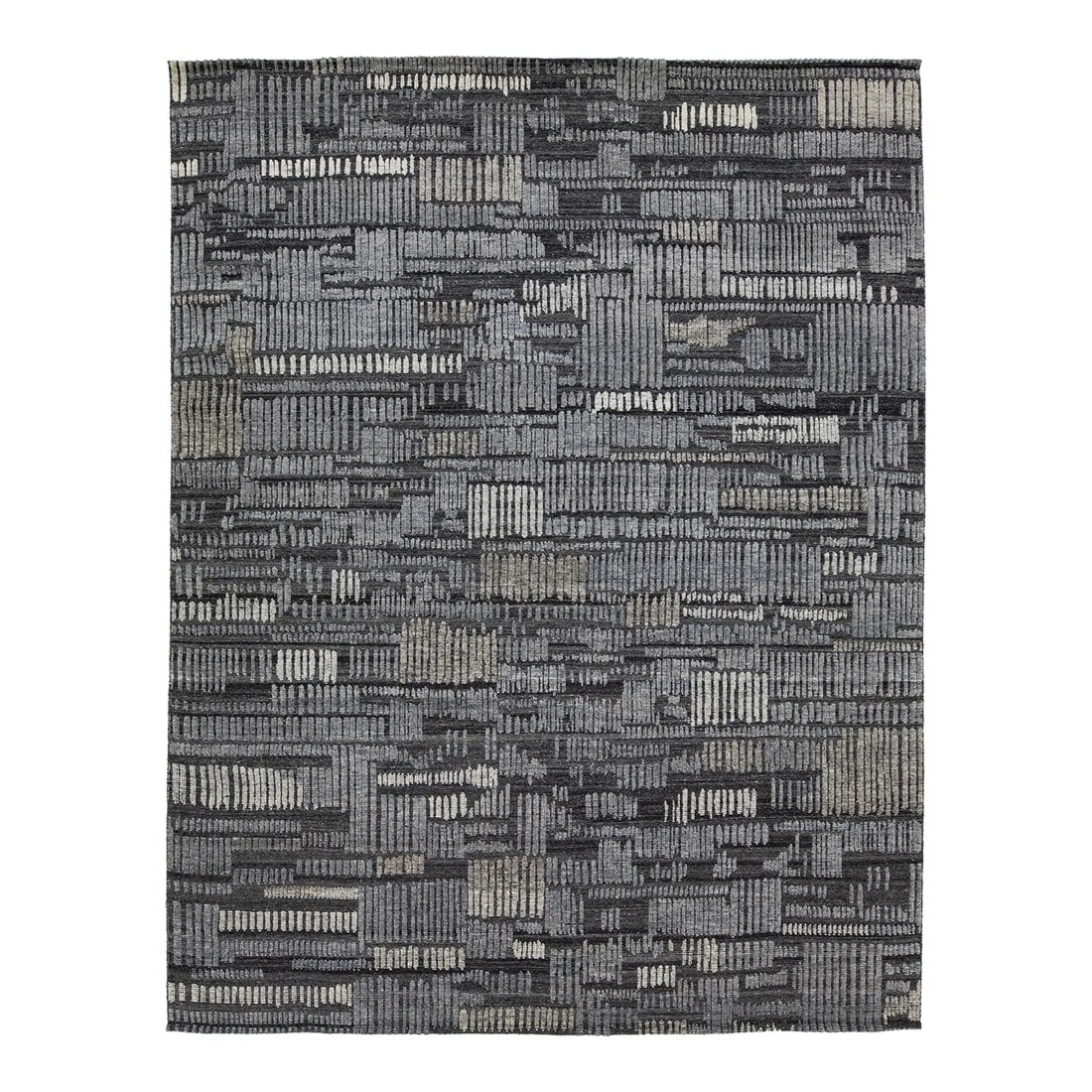 Modern Moroccan Style Wool Rug in Gray Featuring a Geometric Design by Apadana: This hand-knotted wool rug has a luxurious charcoal-gray base with a geometric pattern in light gray and beige inspired by the contemporary Moroccan style. This rug measures 9'1" x 11'9". 