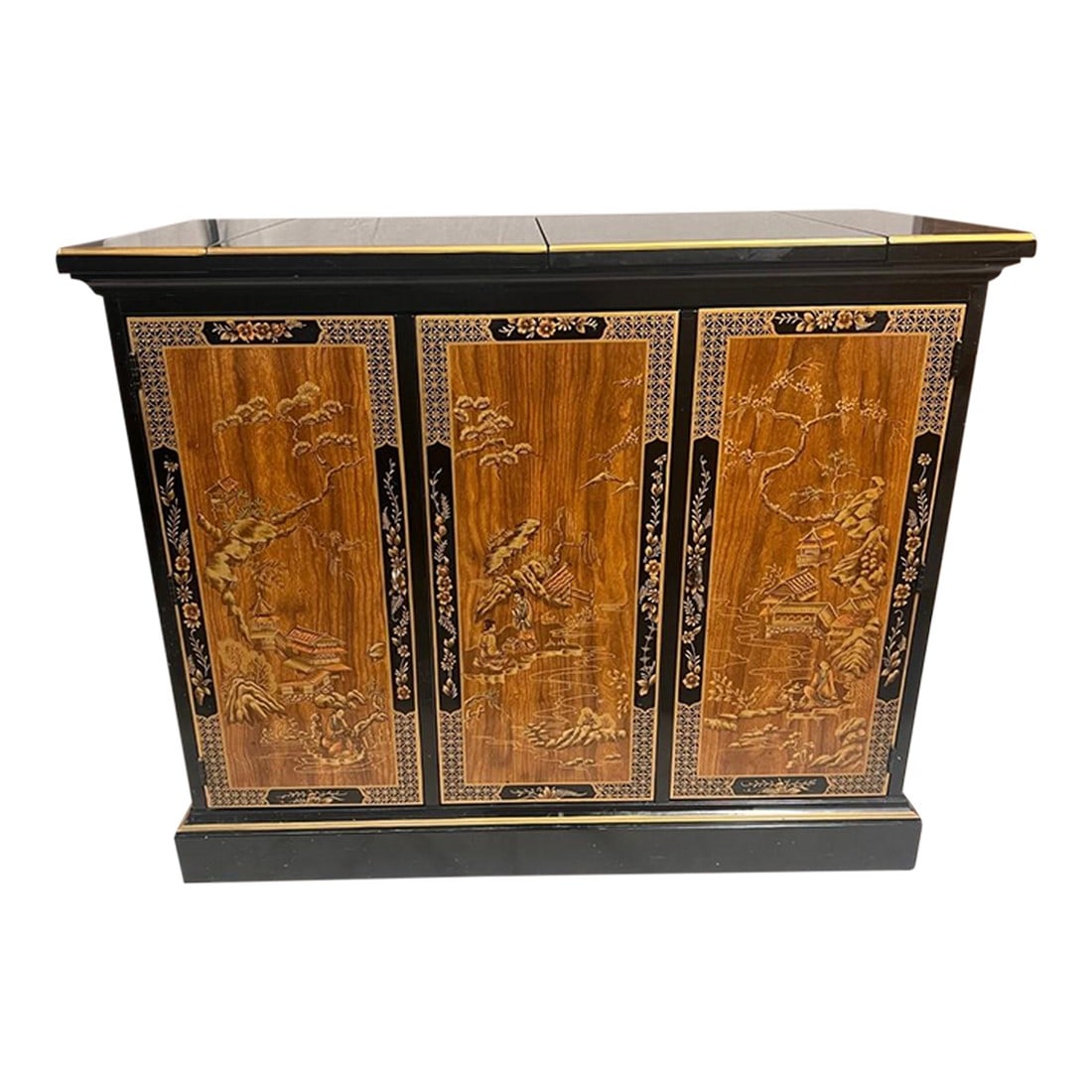 1980s Drexel Heritage Chinoiserie Server: This highly sought-after Drexel server is prized for its versatility and ease of placement throughout the home. The top conveniently folds out, providing additional surface area when needed. Inside,