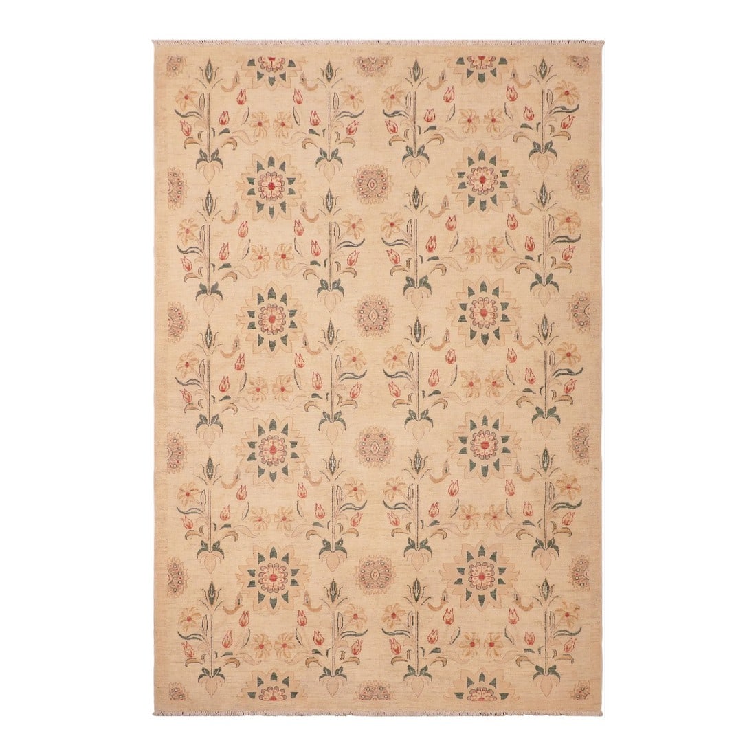 Shabby Chic Ziegler Tan Green Hand-Knotted Wool Rug - 5'10'' X 8'8'': Enhance the ambiance of your home with this magnificent Persian-influenced Turkish hand-knotted rug made by skilled artisans capable of creating the most exceptional vegetable dyes and hand-spun