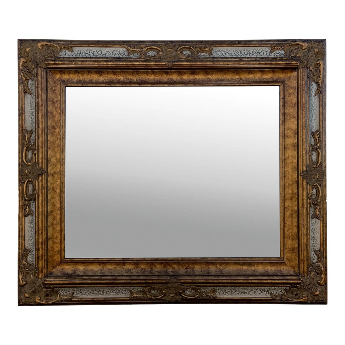 Gold Venetian Style Beveled Glass Rectangular Wall Mirror: Large rectangular wall mirror with beveled glass in a golden colored frame with white crackle finish bordering. Stunning design elements along the border frame and with distressed golden color, interr