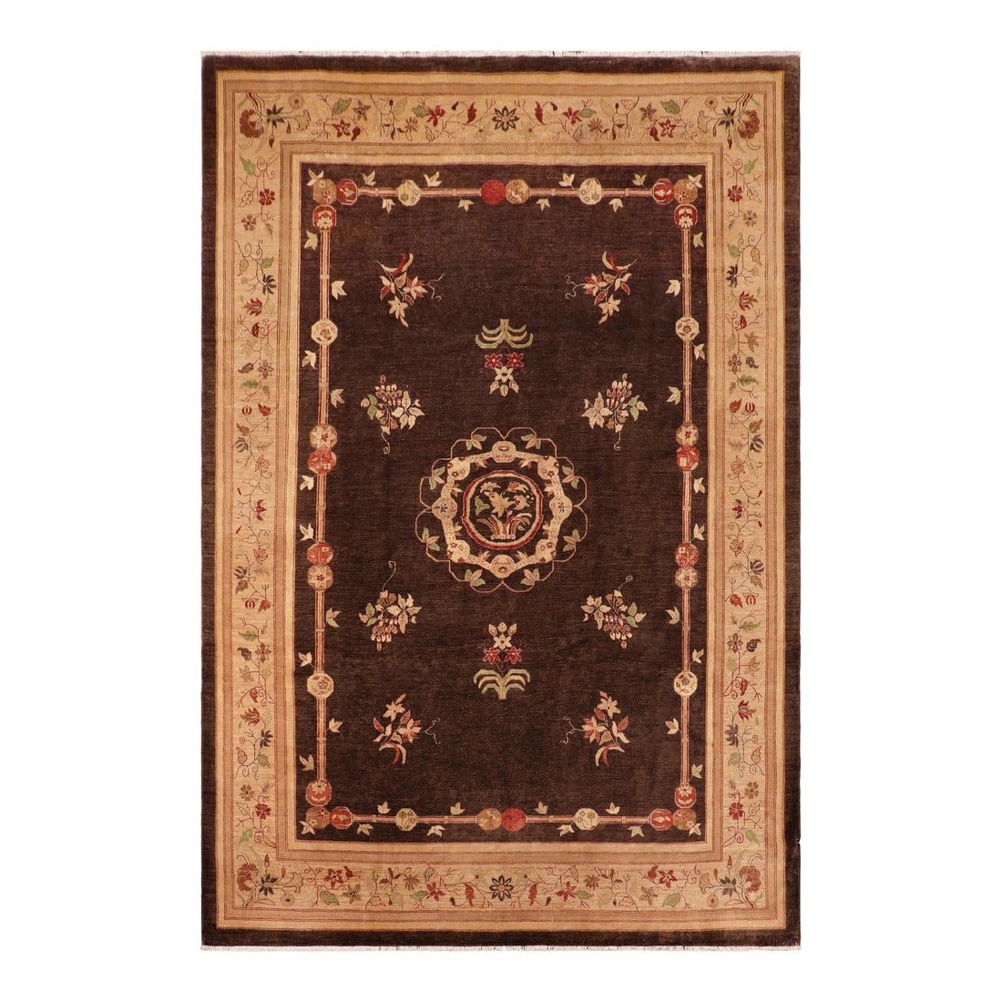 Rustic Heriz Ziegler Brown Tan Hand-Knotted Rug - 9'10'' X 13'11'': Enhance the ambiance of your home with this magnificent Persian-influenced Turkish hand-knotted rug made by skilled artisans capable of creating the most exceptional vegetable dyes and hand-spun