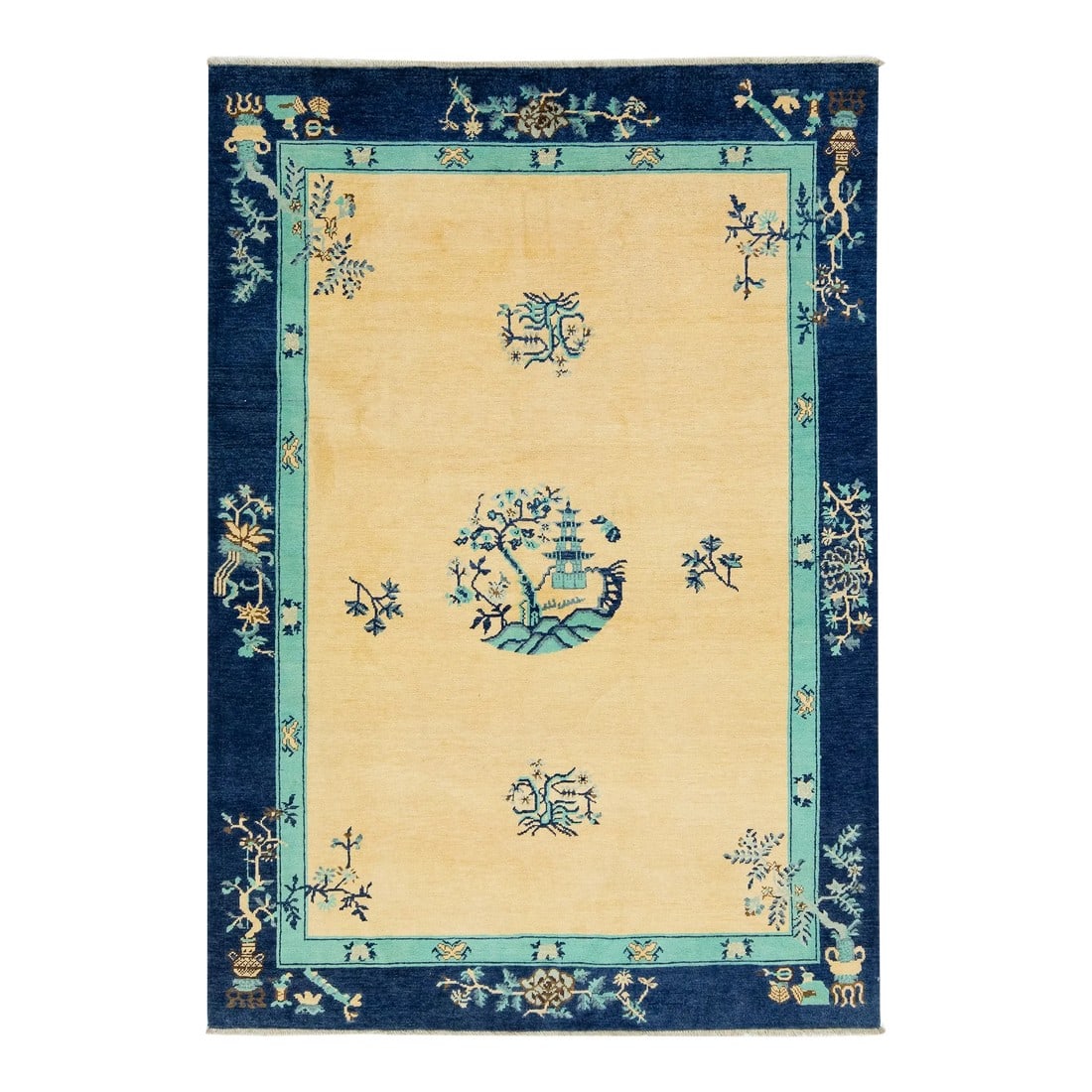 Modern Chinese Peking Style Wool Rug Handmade in Muted Tones With Dragon Design: A beautiful modern Chinese-style hand-knotted wool rug with a Chalky color field and navy blue and green accents throughout the traditional Chinese Peking design. This rug measures 5'8" x 8'2". 
