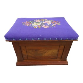 Antique Embroidered Burlwood Storage Ottoman Stool