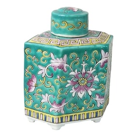 Vintage Chinese Porcelain Famille Verde Enamel Floral Motif Footed Tea Caddy