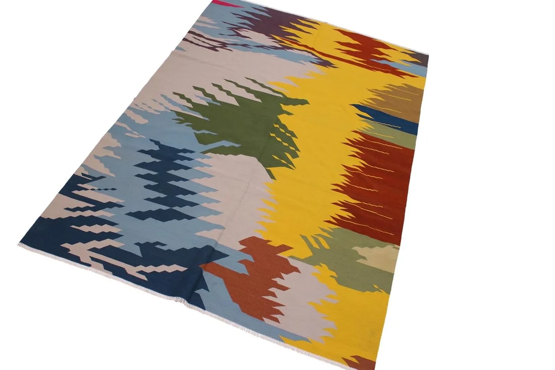 Tribal Kilim Grey Blue Wool Rug - 7'10" X 9'11" - 2