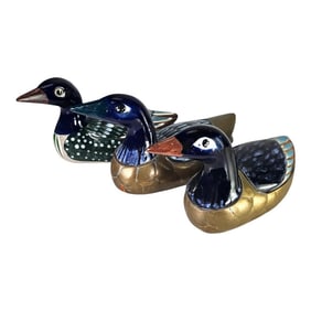 Tonala Brass Duck Figurines Talavera Mexican Folk Art Set of 3