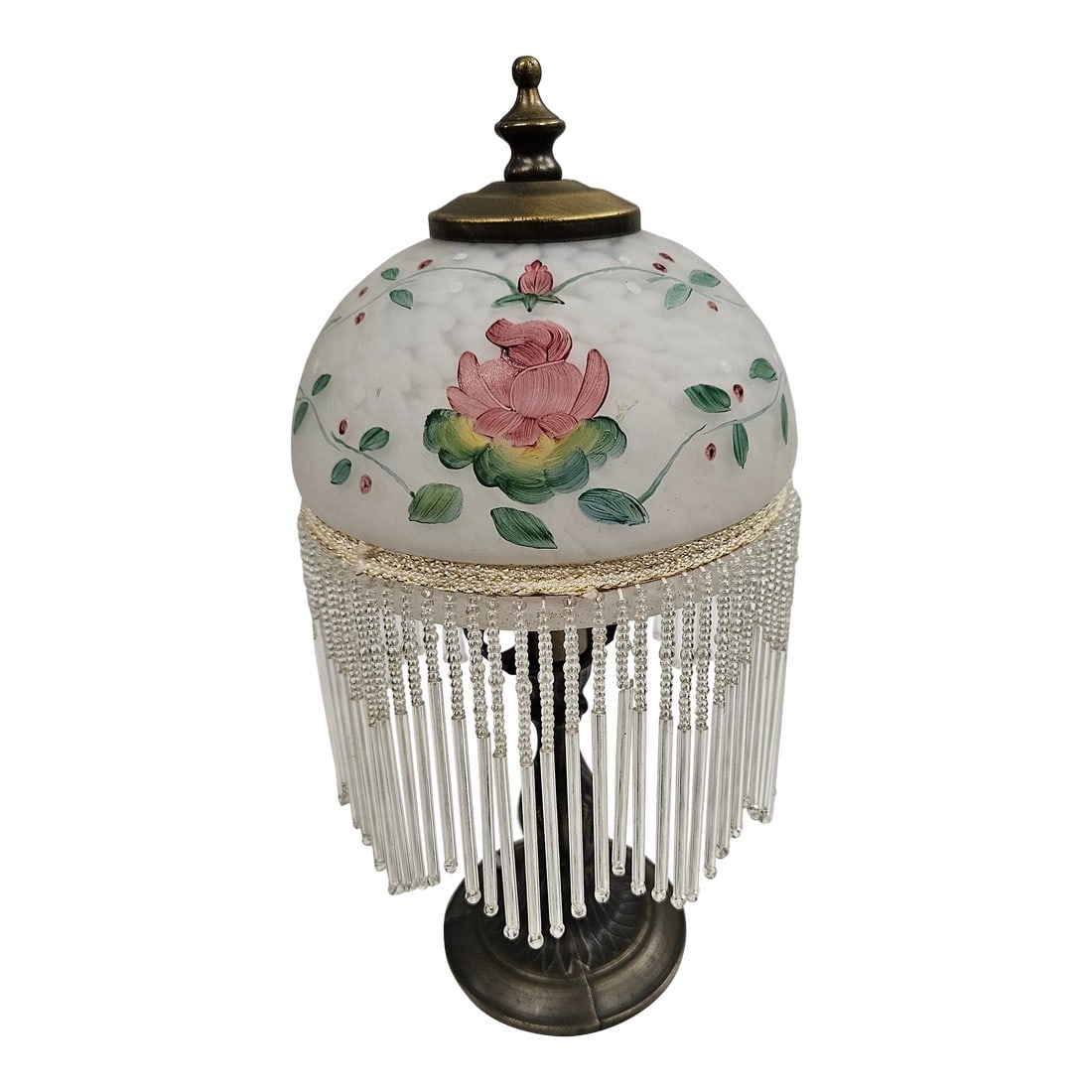 Beaded and Frosted Glass Victorian Style Boudoir Lamp: This hand painted little accent or desk lamp features a frost glass shade with a beaded fringe. The hand painted detail features a floral and vine motif. The lamp has an inline toggle switch to turn