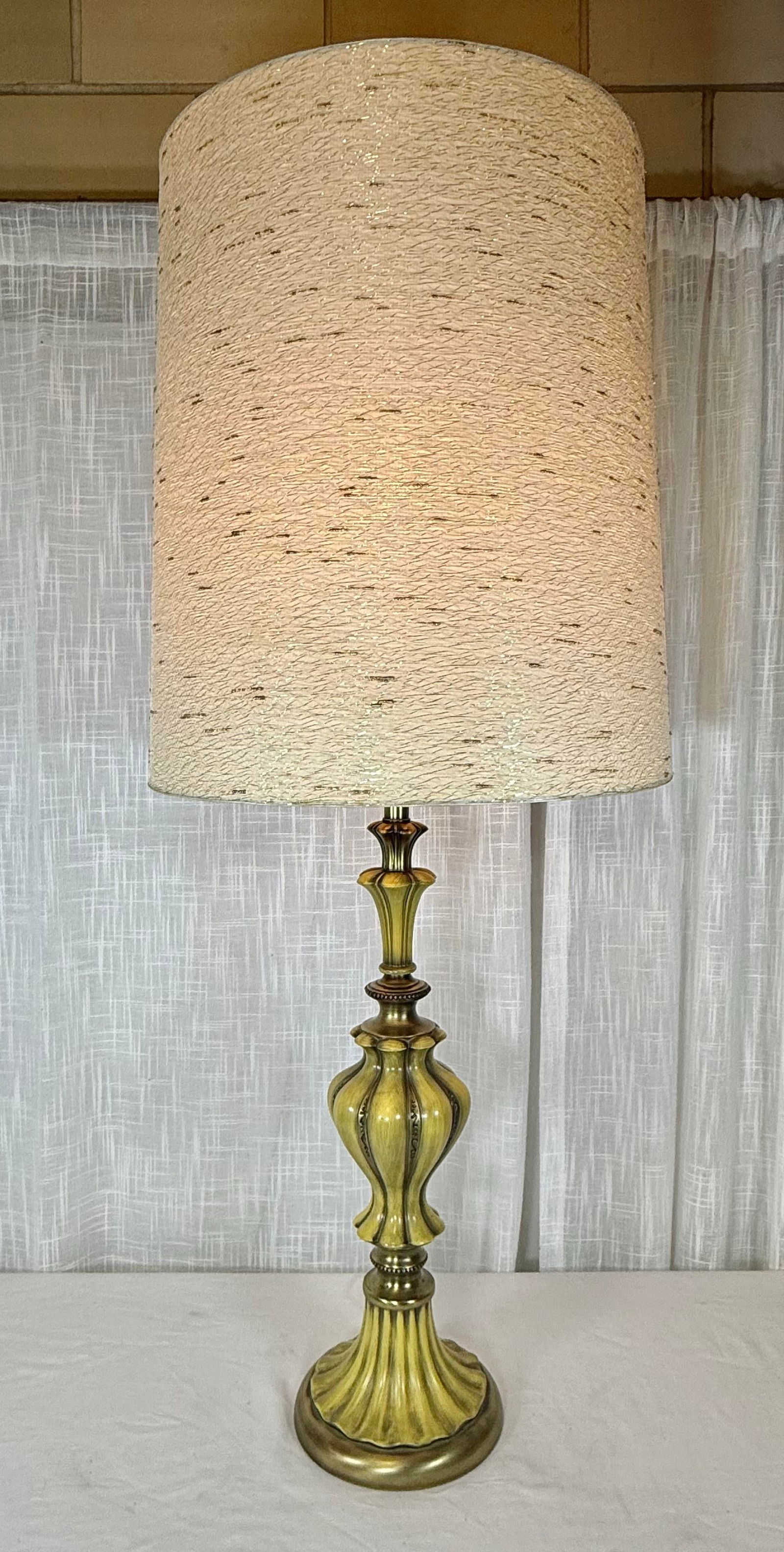 Stunning Vintage Hollywood Regency Brass & Saffron Yellow Torchiere Table Lamp - 2