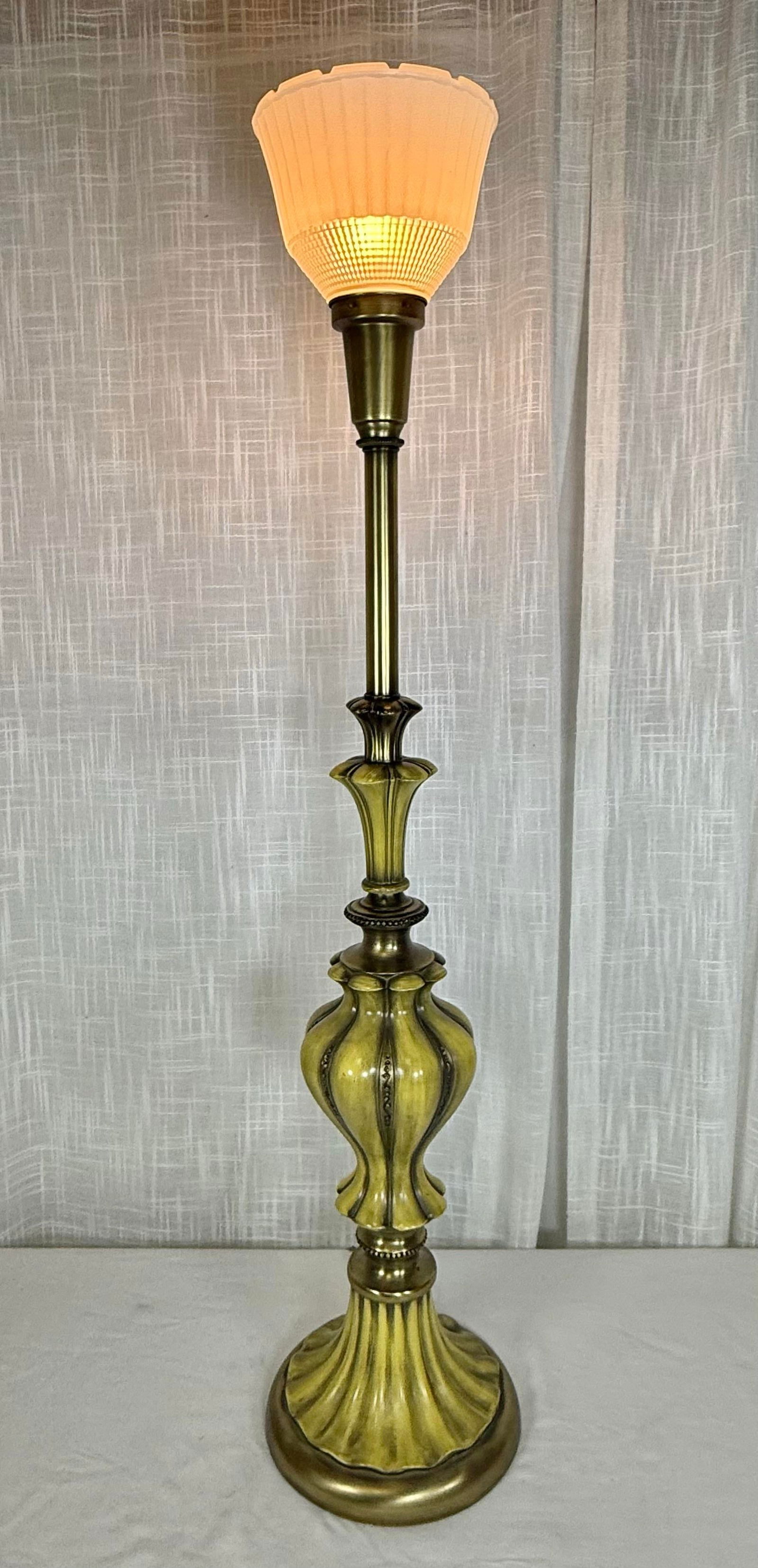 Stunning Vintage Hollywood Regency Brass & Saffron Yellow Torchiere Table Lamp - 4