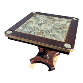 1970's Maitland Smith Game Table Wood / Marble Top With Brass Inlay of Card Suits