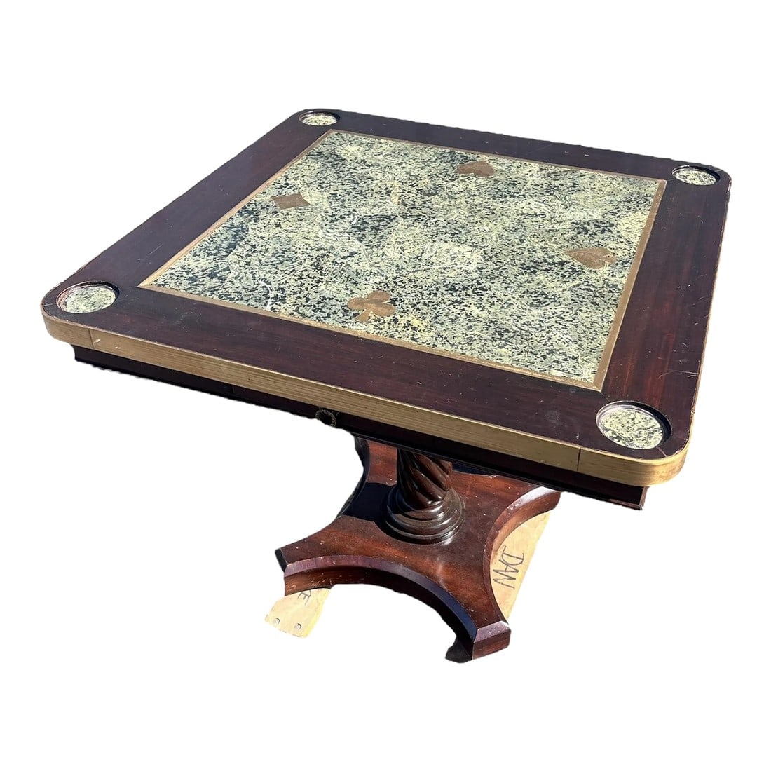 1970's Maitland Smith Game Table Wood / Marble Top With Brass Inlay of Card Suits: An exquisite game table by Maitland Smith with brass inlay of the four card suits Heart/ Diamond / Spade/ Club with marble top and wood border. Four drawers and drink holders. Perfect for hosting game