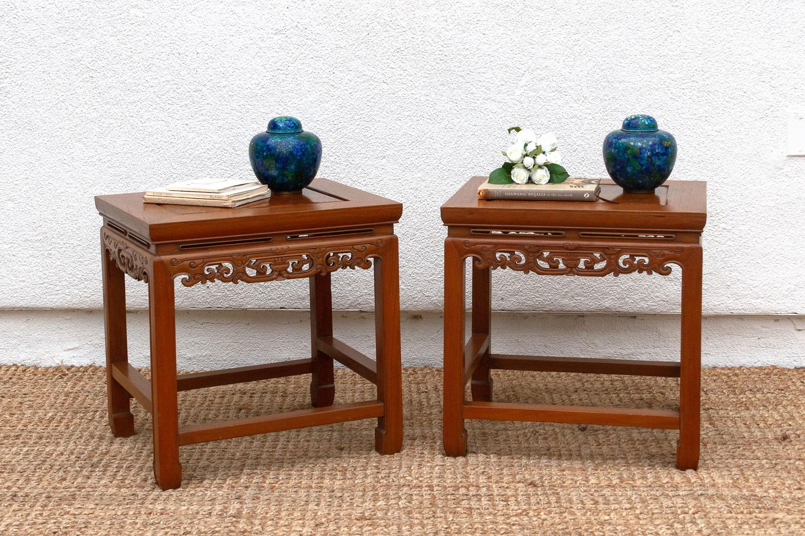 Pair of Vintage Carved Elm & Burr End Tables - 12